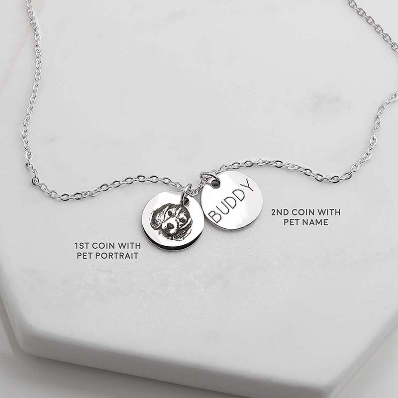 Custom Cat / Dog Portrait Dual Charm Necklace, Personalized Pet Themed Coin Necklace, Best Custom Gifts For Pet Lovers & Pet Owners