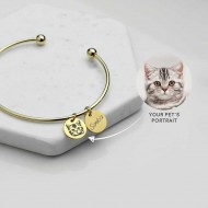 Personalized Pet Portrait Bangle Dual Charm, Custom Dog / Cat Photo Engraved Bracelet, Unique Holiday Gift Pet Memorial Gift for Dog Mom & Cat Mom