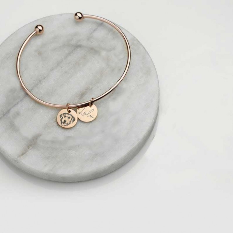Personalized Pet Portrait Bangle Dual Charm, Custom Dog / Cat Photo Engraved Bracelet, Unique Holiday Gift Pet Memorial Gift for Dog Mom & Cat Mom