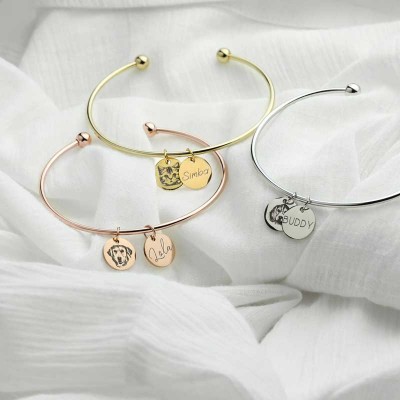 Personalized Pet Portrait Bangle Dual Charm, Custom Dog / Cat Photo Engraved Bracelet, Unique Holiday Gift Pet Memorial Gift for Dog Mom & Cat Mom
