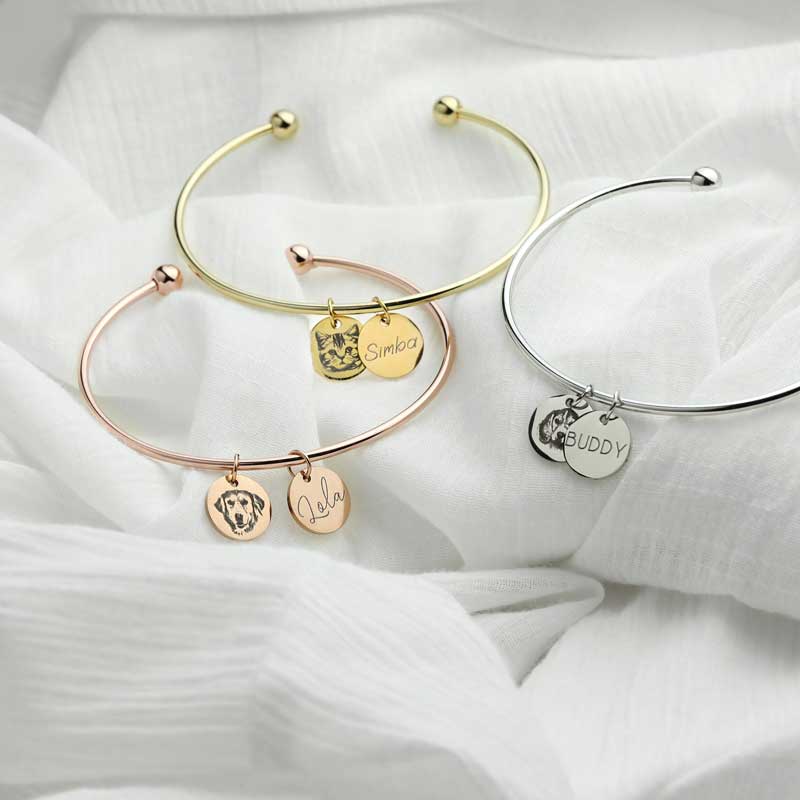 Personalized Pet Portrait Bangle Dual Charm, Custom Dog / Cat Photo Engraved Bracelet, Unique Holiday Gift Pet Memorial Gift for Dog Mom & Cat Mom