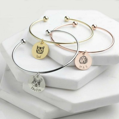 Custom Single Pendant Pet Portrait Bangle, Personalized Gift For Pet Lovers, Birthday / Mother's Day / Valentine's Day Present for Cat Mom & Dog Mom