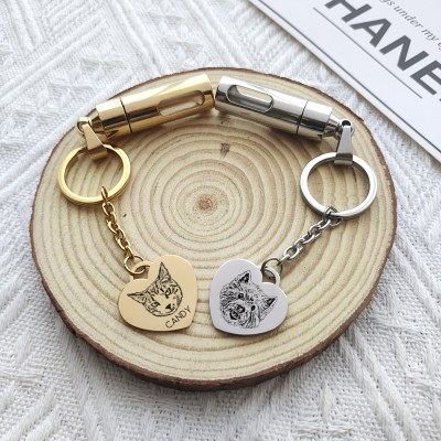 Personalized Pet Photo Engraved Keepsake Urn Keychain, Customized Pet Fur Jar, Pet Loss Gift