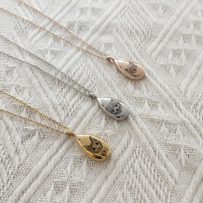 Personalized Teardrop Pet Portrait Keepsake Urn Necklace Openable Memorial Ashes Urn Pendant Necklace Cremation Jewelry Cat/Dog/Rabbit/Turtle's Image Laser Engraving
