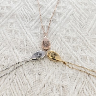Personalized Teardrop Pet Portrait Keepsake Urn Necklace Openable Memorial Ashes Urn Pendant Necklace Cremation Jewelry Cat/Dog/Rabbit/Turtle's Image Laser Engraving