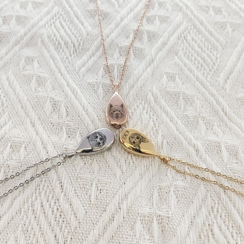 Personalized Teardrop Pet Portrait Keepsake Urn Necklace Openable Memorial Ashes Urn Pendant Necklace Cremation Jewelry Cat/Dog/Rabbit/Turtle's Image Laser Engraving