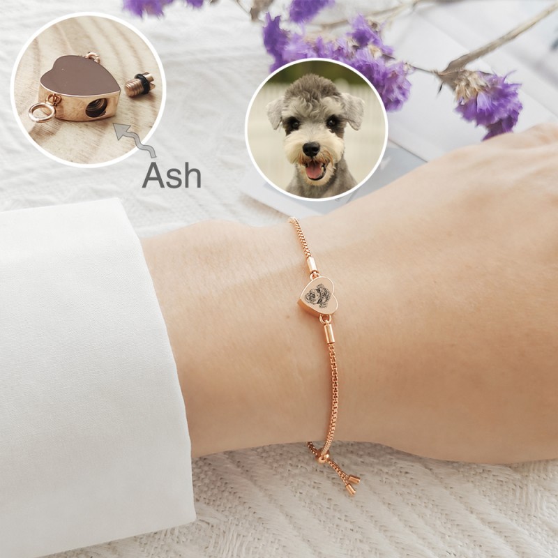 Personalized Pet Portrait Heart Shaped Urn Bracelet Pet Memorial Gift Cremation Jewelry