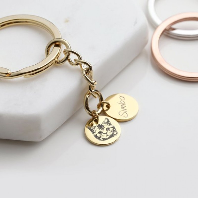 Custom Pet Portrait Keychain Dual Charms,  DIY Dog/Cat Photo Engraved Keychain, Custom Pet Lovers Gift, Pet Themed Accessory