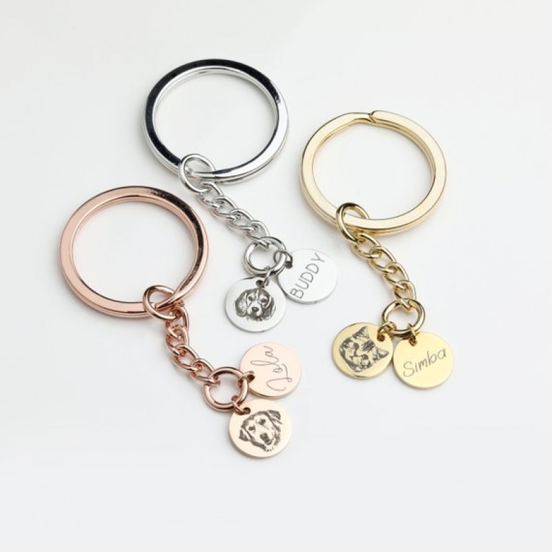 Custom Pet Portrait Keychain Dual Charms,  DIY Dog/Cat Photo Engraved Keychain, Custom Pet Lovers Gift, Pet Themed Accessory