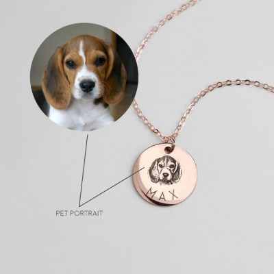 Personalized Single Pendant Pet Portrait Engraved Necklace, Custom Dog / Cat Themed Coin Necklace, Pet Memorial Gift For Dog Mom